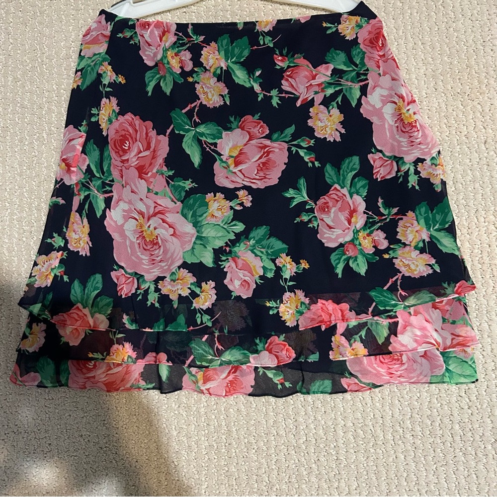 Lauren Ralph Lauren Petite 10P Silk Floral Ruffle‎ Tiered Mini Skirt Pink Rose